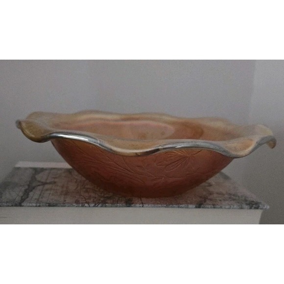 VTG‎ Iridescent Marigold Carnival Glass Bowl – Embossed Floral Pattern 9 Inch - Picture 2 of 4